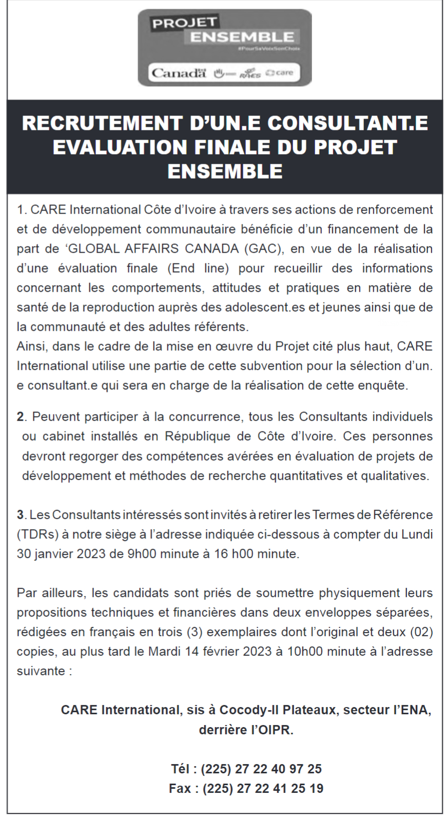 Recrutement de 01 Consultant.e évaluation finale du Projet Ensemble